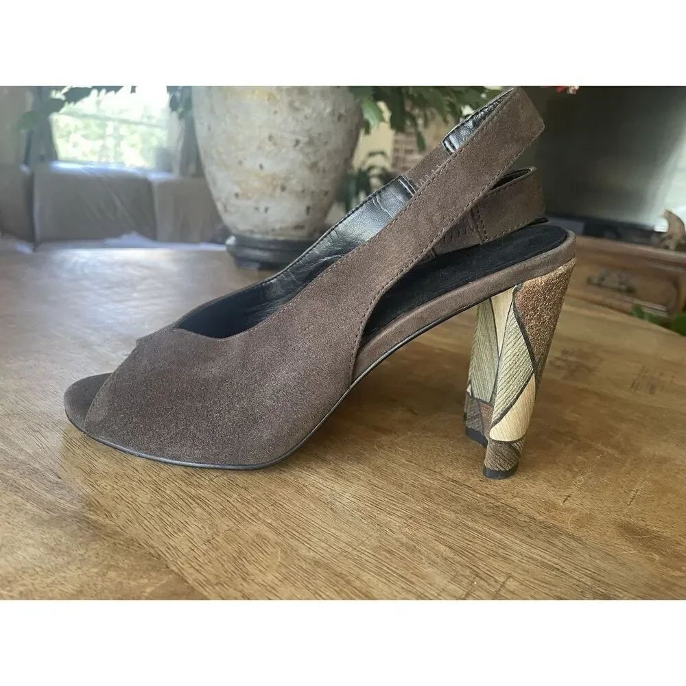 Pelle Moda Brown Suede Open-Toe with Strap, 4.5 Inch Heels Size 8.5